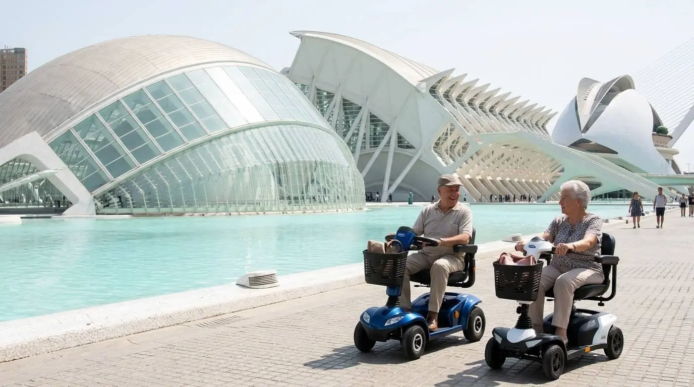 Personas mayores en scooters de movilidad reducida junto a la Ciudad de las Artes y las Ciencias de Valencia